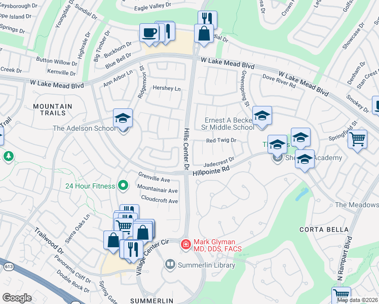 map of restaurants, bars, coffee shops, grocery stores, and more near 2117 Whitebirch Lane in Las Vegas