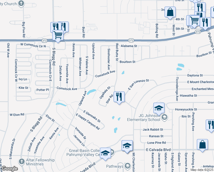 map of restaurants, bars, coffee shops, grocery stores, and more near 1361 Ogallala Street in Pahrump