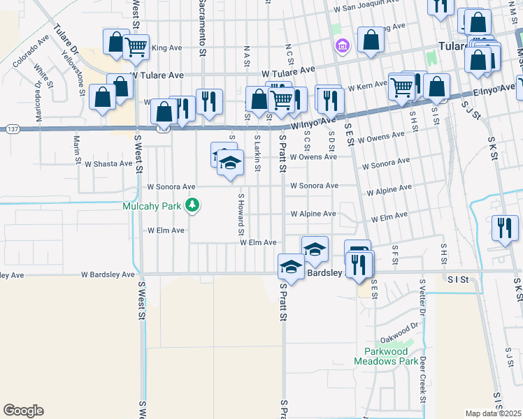 map of restaurants, bars, coffee shops, grocery stores, and more near 553 South Larkin Street in Tulare