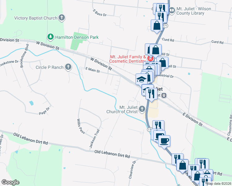 map of restaurants, bars, coffee shops, grocery stores, and more near 147 Hickory Station Lane in Mt. Juliet
