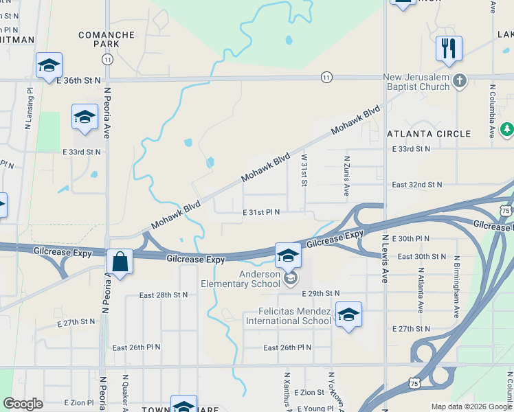 map of restaurants, bars, coffee shops, grocery stores, and more near 1731 East 31st Place North in Tulsa