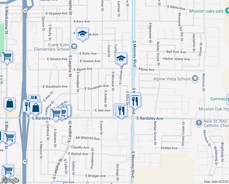 map of restaurants, bars, coffee shops, grocery stores, and more near 834 South Moraine Street in Tulare