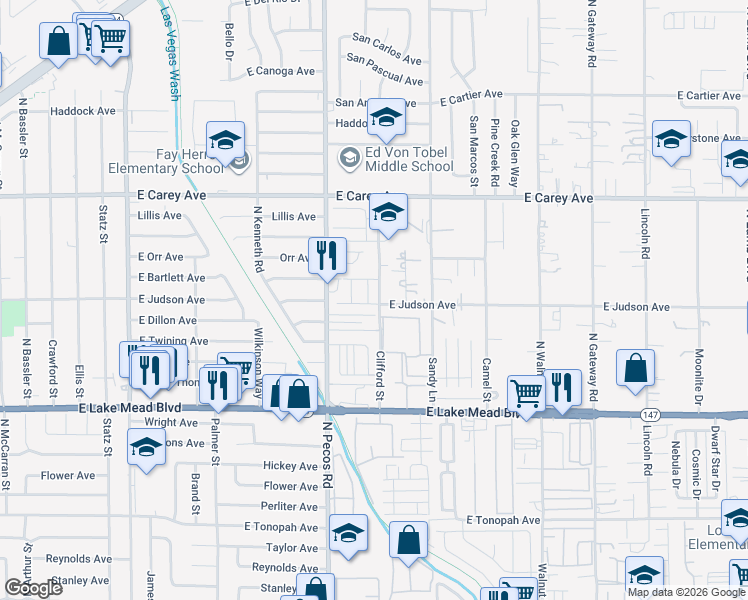 map of restaurants, bars, coffee shops, grocery stores, and more near 2215 Clifford Street in Las Vegas