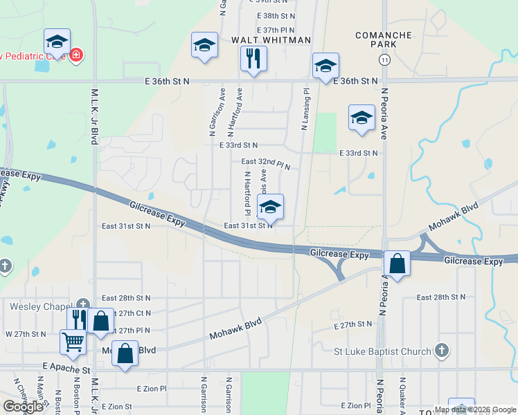 map of restaurants, bars, coffee shops, grocery stores, and more near 3128 North Iroquois Avenue in Tulsa