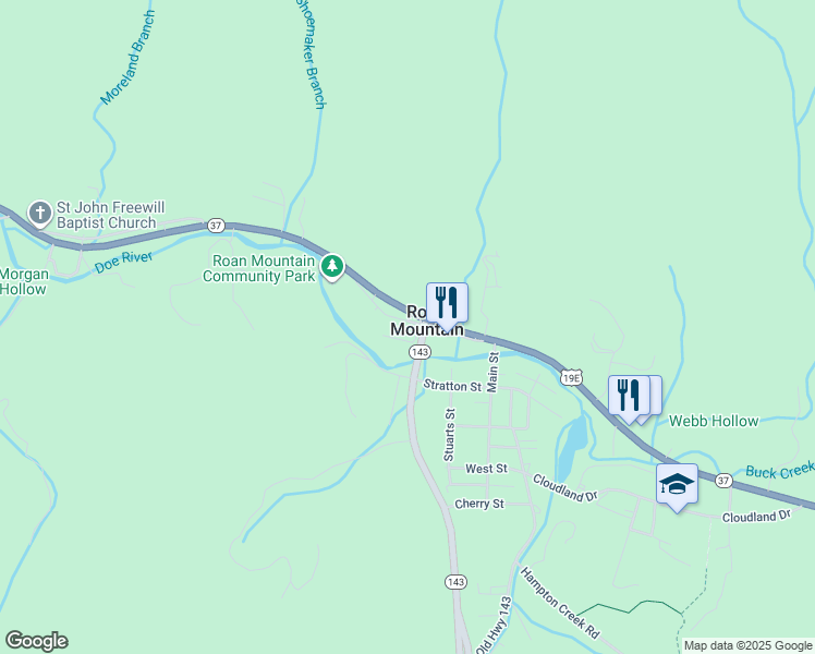 map of restaurants, bars, coffee shops, grocery stores, and more near 146 Carter Street in Roan Mountain