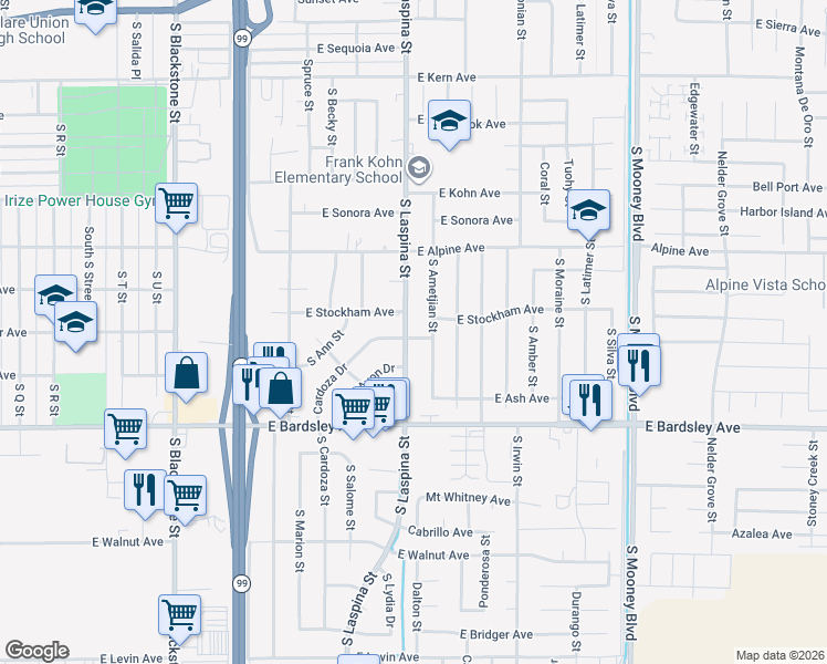 map of restaurants, bars, coffee shops, grocery stores, and more near 1629 East Cardoza Avenue in Tulare
