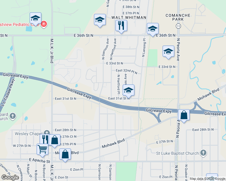 map of restaurants, bars, coffee shops, grocery stores, and more near 3125 North Hartford Avenue in Tulsa