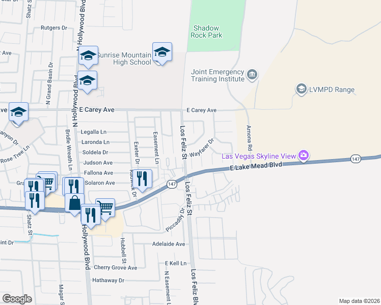 map of restaurants, bars, coffee shops, grocery stores, and more near 7124 Wayfarer Drive in Las Vegas