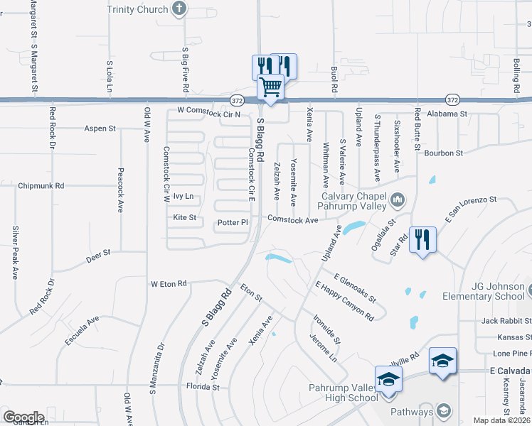 map of restaurants, bars, coffee shops, grocery stores, and more near 1281 Comstock Circle East in Pahrump