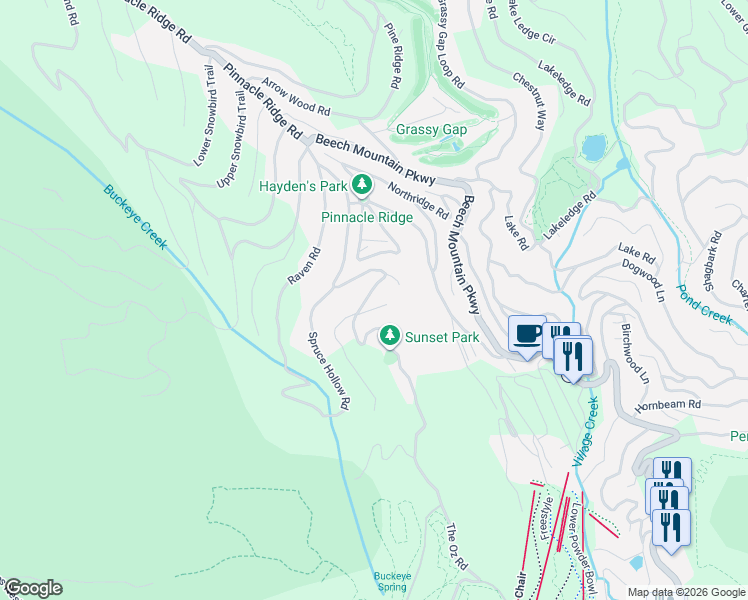 map of restaurants, bars, coffee shops, grocery stores, and more near 212 North Pinnacle Ridge Road in Beech Mountain