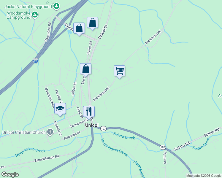 map of restaurants, bars, coffee shops, grocery stores, and more near 300 Marbleton Road in Unicoi