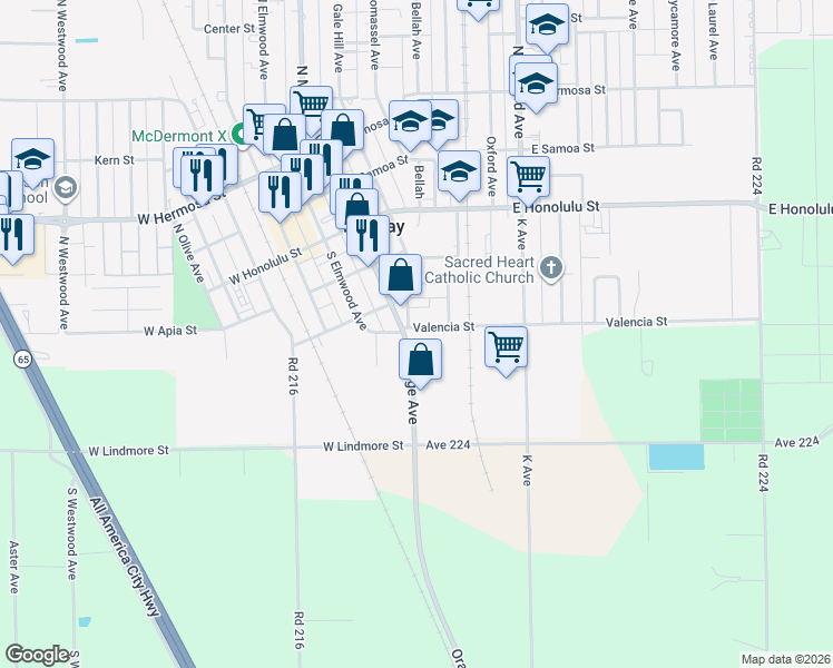 map of restaurants, bars, coffee shops, grocery stores, and more near 408 South Mirage Avenue in Lindsay