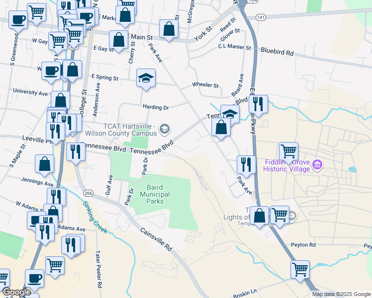 map of restaurants, bars, coffee shops, grocery stores, and more near 205 Meadows Drive in Lebanon