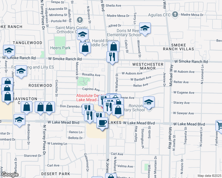 map of restaurants, bars, coffee shops, grocery stores, and more near 2201 La Sombra Street in Las Vegas
