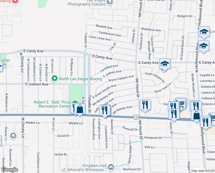 map of restaurants, bars, coffee shops, grocery stores, and more near 6080 East Great Smoky Avenue in Las Vegas