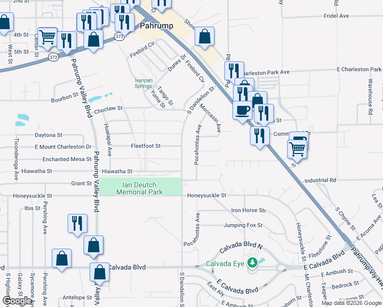 map of restaurants, bars, coffee shops, grocery stores, and more near 1360 Pocahontas Avenue in Pahrump