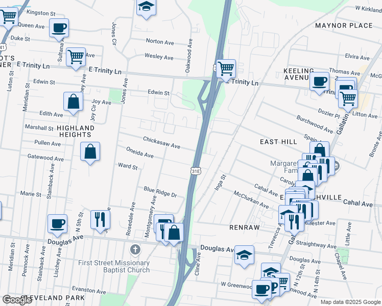 map of restaurants, bars, coffee shops, grocery stores, and more near 924 Chickasaw Avenue in Nashville