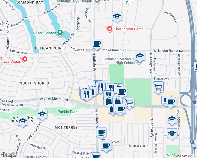 map of restaurants, bars, coffee shops, grocery stores, and more near 2200 Club Pacific Way in Las Vegas