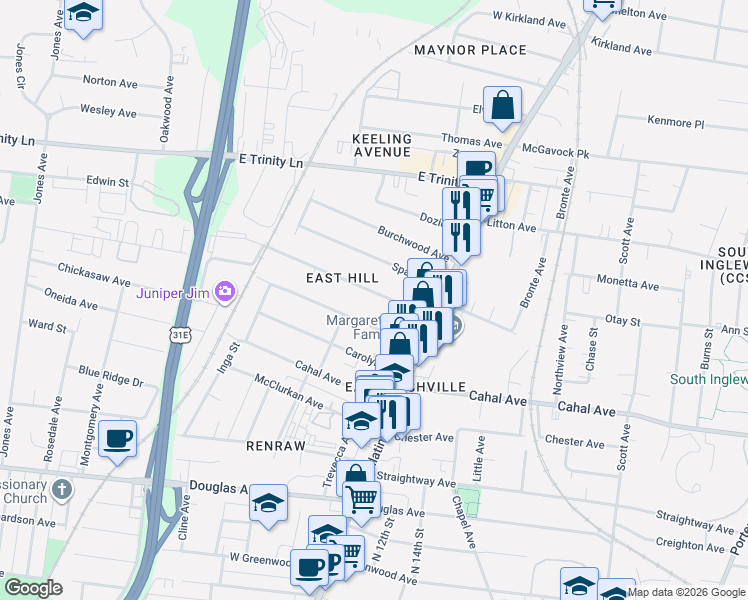 map of restaurants, bars, coffee shops, grocery stores, and more near 1004 Delmas Avenue in Nashville