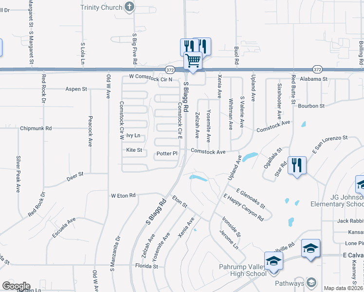 map of restaurants, bars, coffee shops, grocery stores, and more near 1281 Comstock Circle East in Pahrump