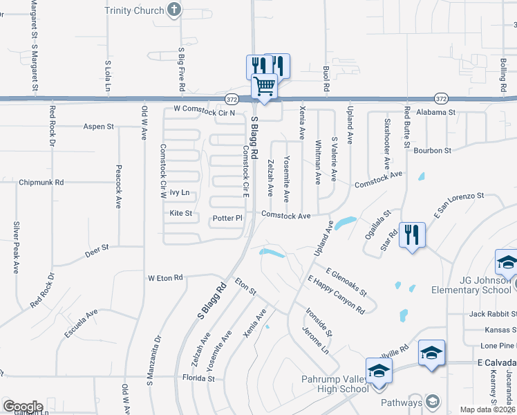 map of restaurants, bars, coffee shops, grocery stores, and more near 1321 South Blagg Road in Pahrump
