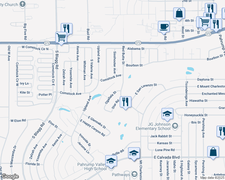 map of restaurants, bars, coffee shops, grocery stores, and more near 1390 Ogallala Street in Pahrump