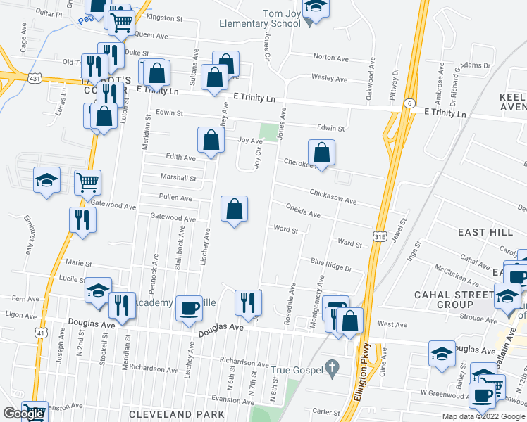 map of restaurants, bars, coffee shops, grocery stores, and more near 1502 Jones Avenue in Nashville