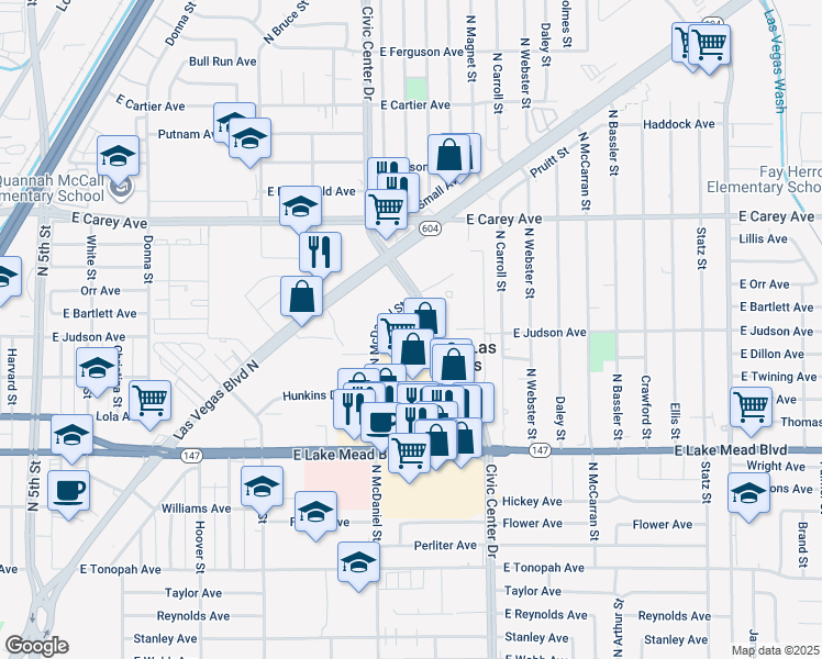 map of restaurants, bars, coffee shops, grocery stores, and more near 2227 Civic Center Drive in North Las Vegas