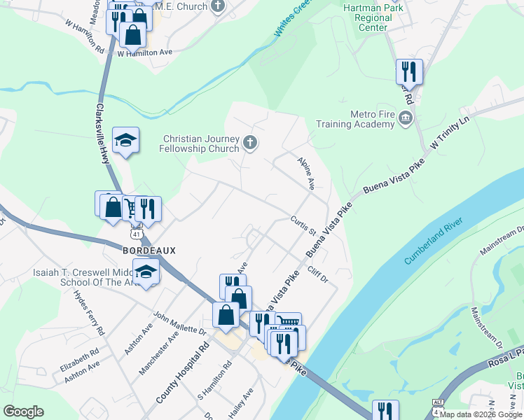 map of restaurants, bars, coffee shops, grocery stores, and more near 3217 Curtis Street in Nashville