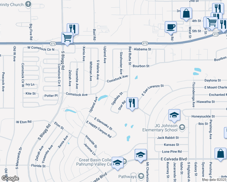 map of restaurants, bars, coffee shops, grocery stores, and more near 1200 Red Butte Street in Pahrump