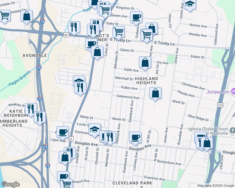 map of restaurants, bars, coffee shops, grocery stores, and more near 301 Gatewood Avenue in Nashville