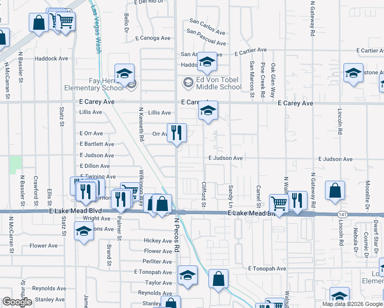 map of restaurants, bars, coffee shops, grocery stores, and more near 2215 Clifford Street in Las Vegas
