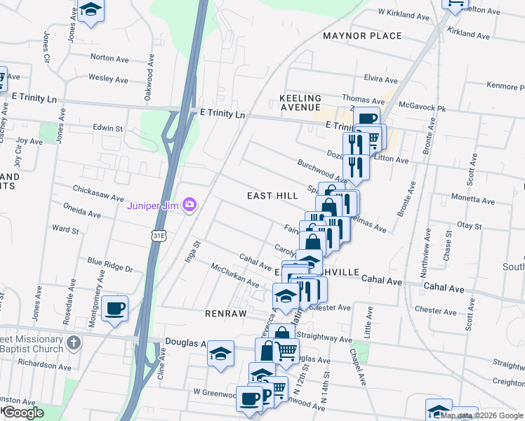 map of restaurants, bars, coffee shops, grocery stores, and more near 931 Fairwin Avenue in Nashville