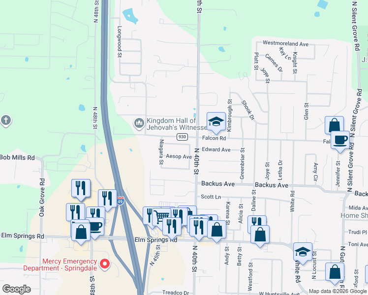map of restaurants, bars, coffee shops, grocery stores, and more near 1601 Seneca Street in Springdale