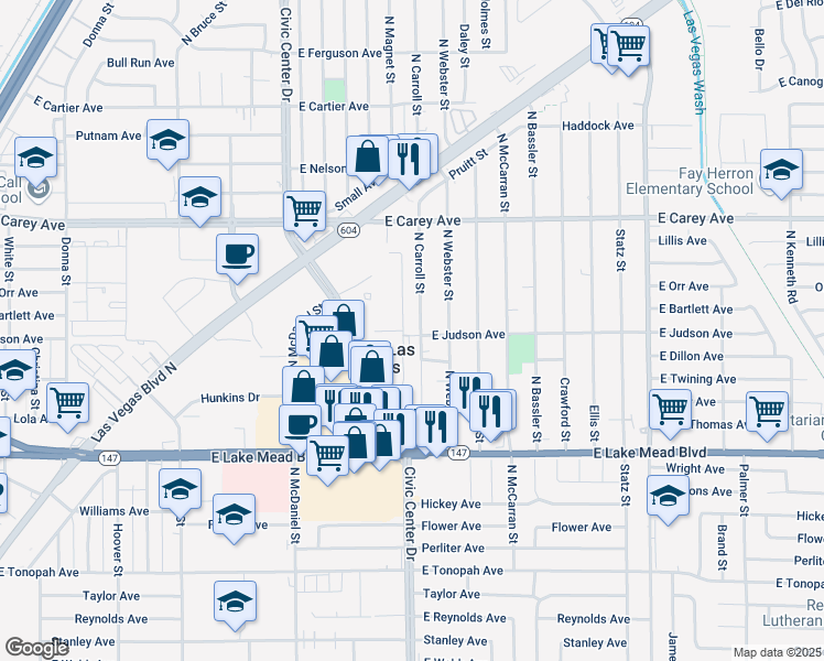 map of restaurants, bars, coffee shops, grocery stores, and more near 2201 North Carroll Street in North Las Vegas
