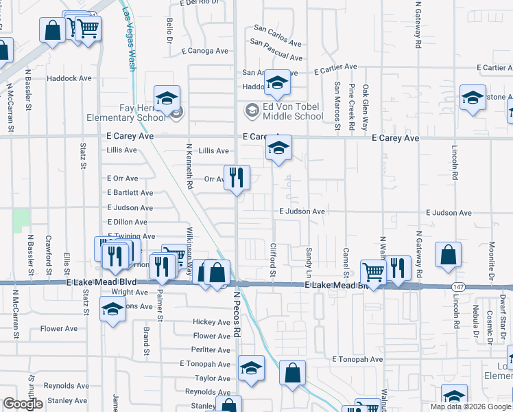 map of restaurants, bars, coffee shops, grocery stores, and more near 2215 Clifford Street in Las Vegas