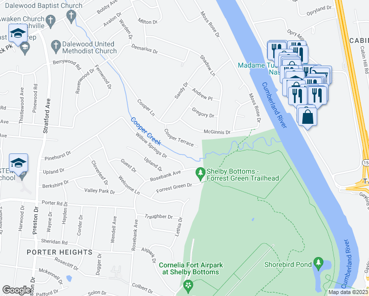 map of restaurants, bars, coffee shops, grocery stores, and more near 2344 Cooper Terrace in Nashville