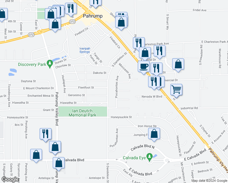 map of restaurants, bars, coffee shops, grocery stores, and more near 1360 Pocahontas Avenue in Pahrump