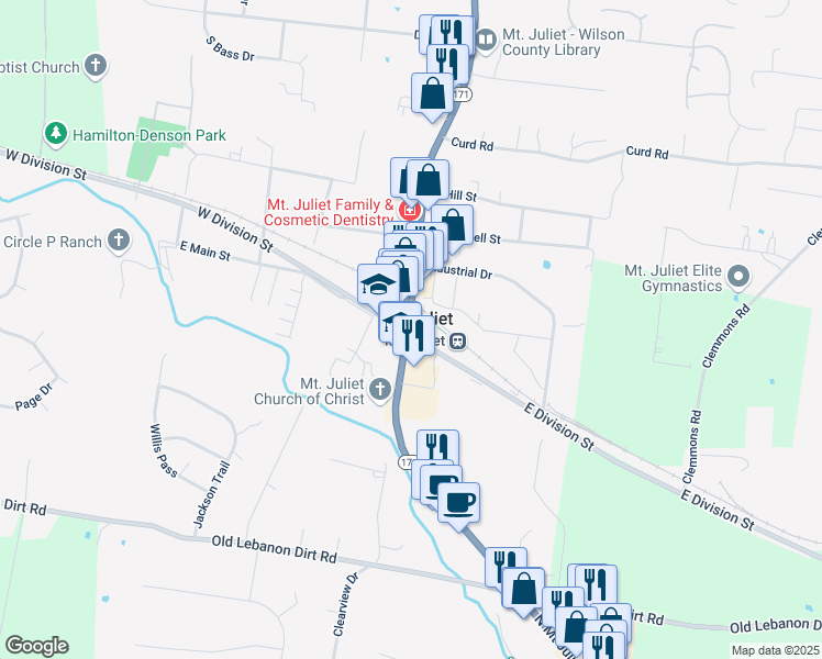 map of restaurants, bars, coffee shops, grocery stores, and more near in Mt. Juliet