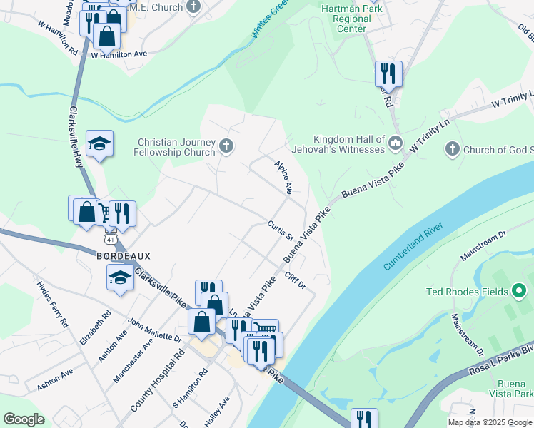map of restaurants, bars, coffee shops, grocery stores, and more near 3202 Curtis Street in Nashville
