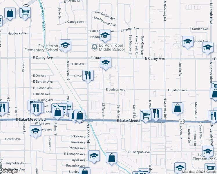 map of restaurants, bars, coffee shops, grocery stores, and more near 3669 Judson Avenue in Las Vegas