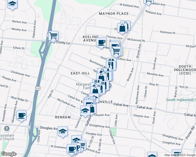 map of restaurants, bars, coffee shops, grocery stores, and more near 1021 Delmas Avenue in Nashville