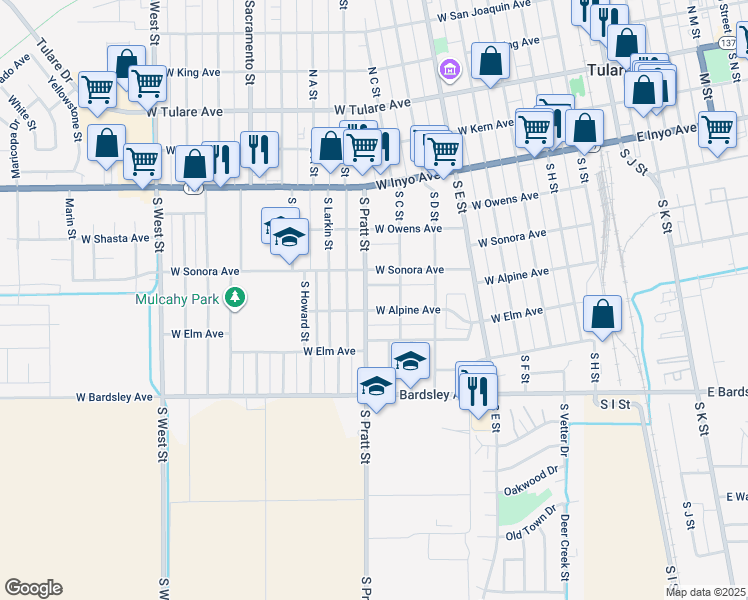 map of restaurants, bars, coffee shops, grocery stores, and more near 812 West Alpine Avenue in Tulare
