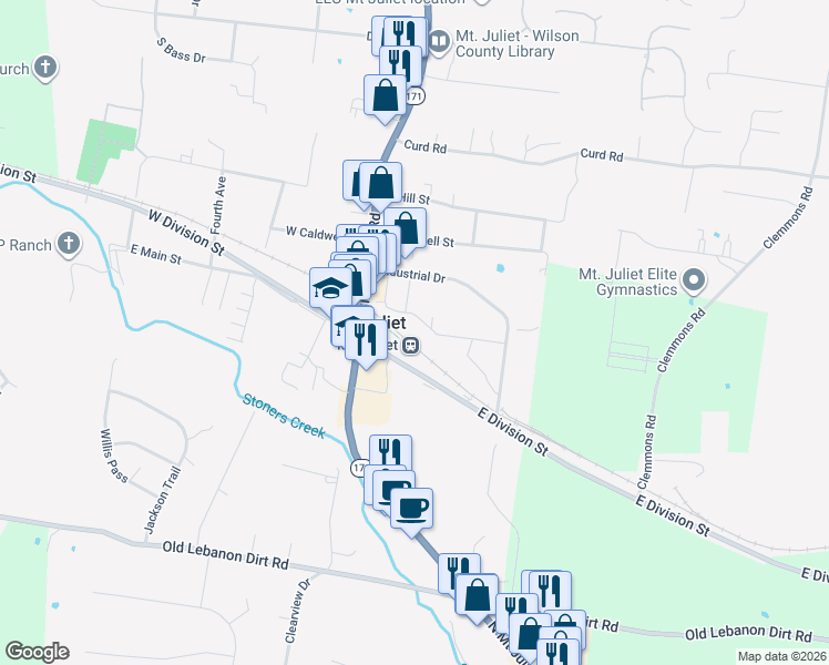 map of restaurants, bars, coffee shops, grocery stores, and more near 40 Fiberglass Drive in Mt. Juliet