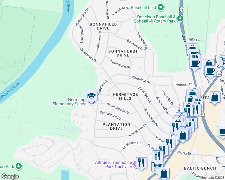 map of restaurants, bars, coffee shops, grocery stores, and more near 5005 Bonnalynn Drive in Nashville
