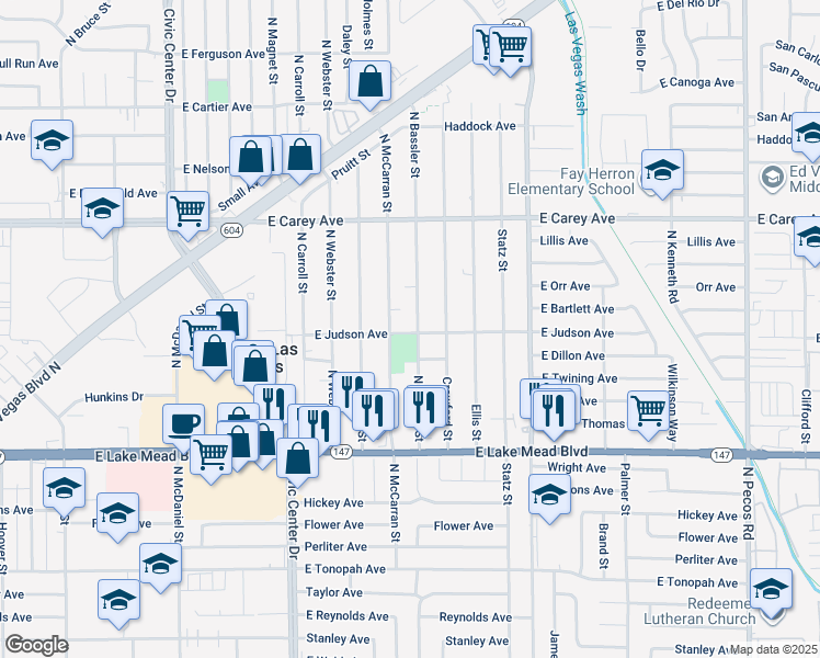 map of restaurants, bars, coffee shops, grocery stores, and more near 2201 Bassler Street in North Las Vegas