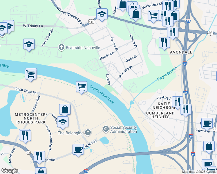 map of restaurants, bars, coffee shops, grocery stores, and more near 1530 Lock Road in Nashville