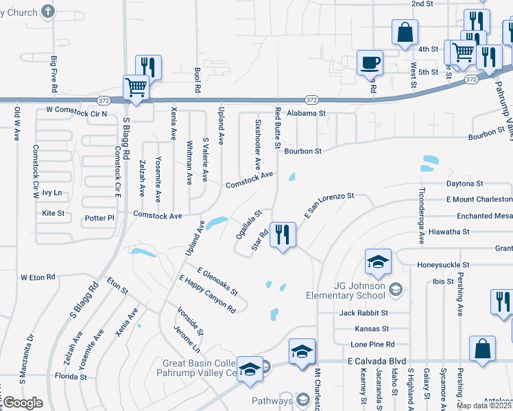 map of restaurants, bars, coffee shops, grocery stores, and more near 1361 Ogallala Street in Pahrump