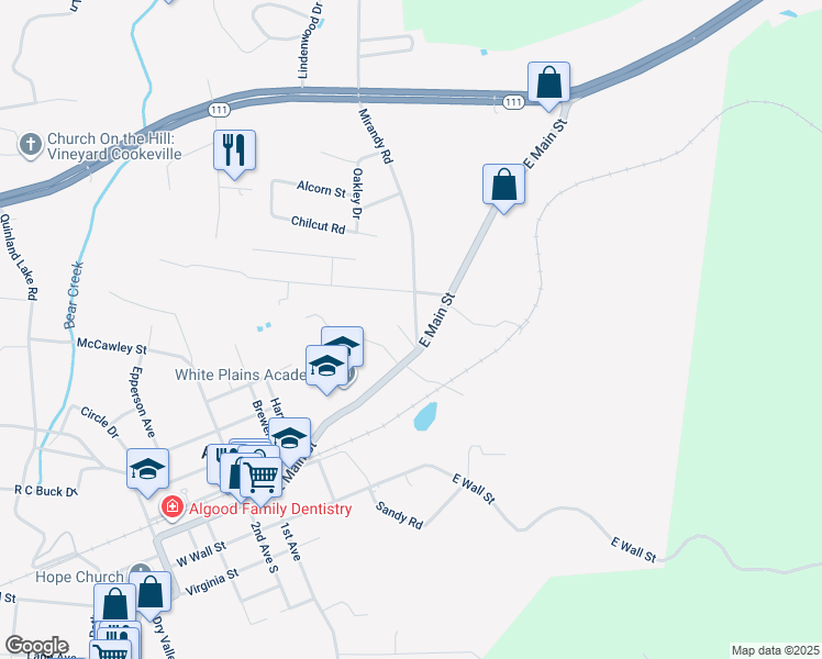 map of restaurants, bars, coffee shops, grocery stores, and more near 110 Mirandy Road in Cookeville