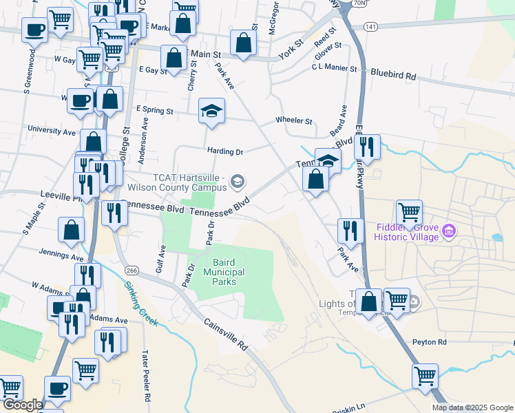 map of restaurants, bars, coffee shops, grocery stores, and more near 205 Meadows Drive in Lebanon